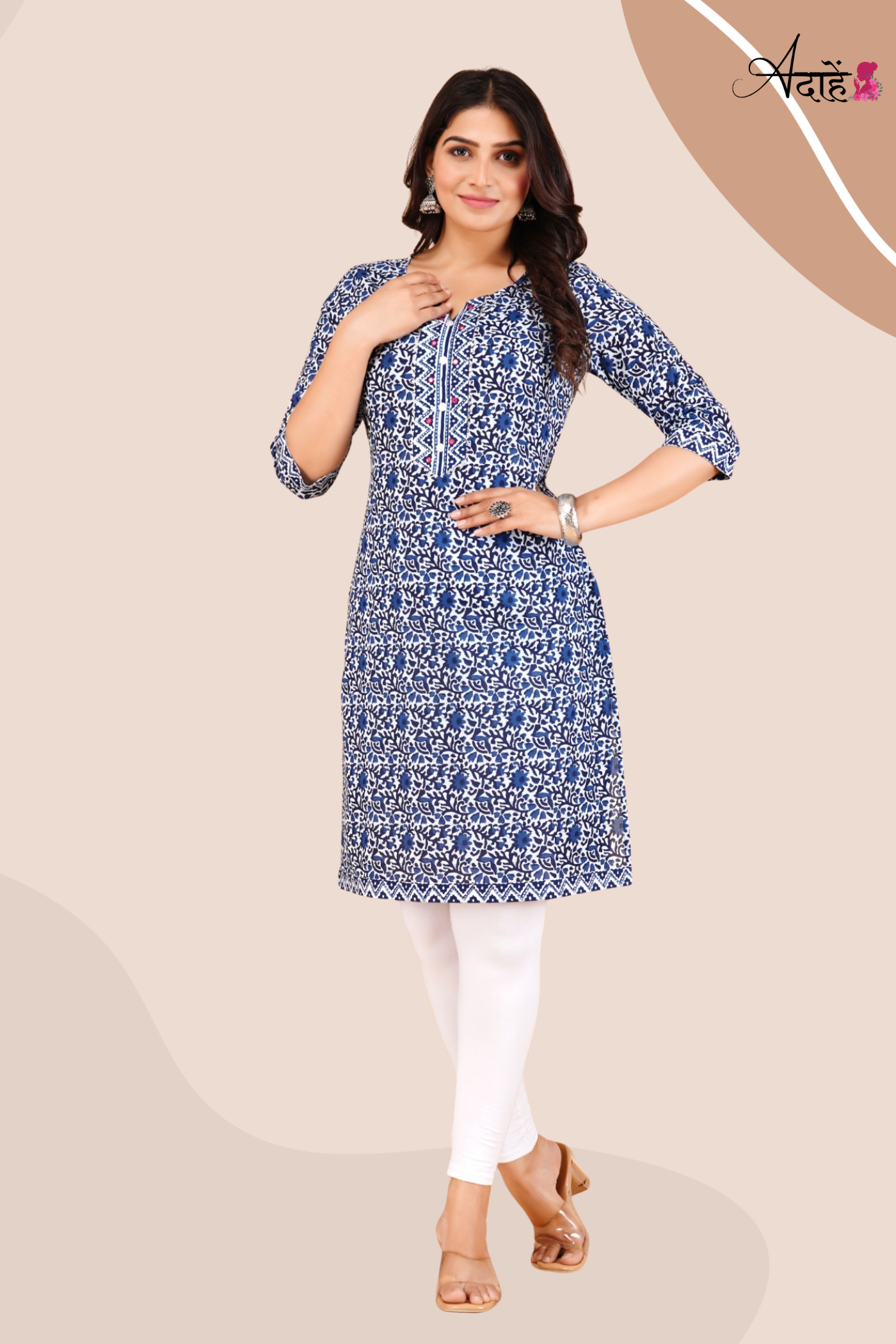 Adaahe Women's Blue and White Printed Cotton Kurti - Adaahe