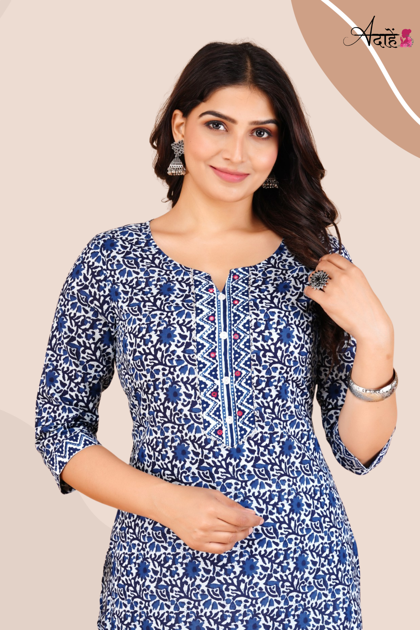 Adaahe Women's Blue and White Printed Cotton Kurti - Adaahe
