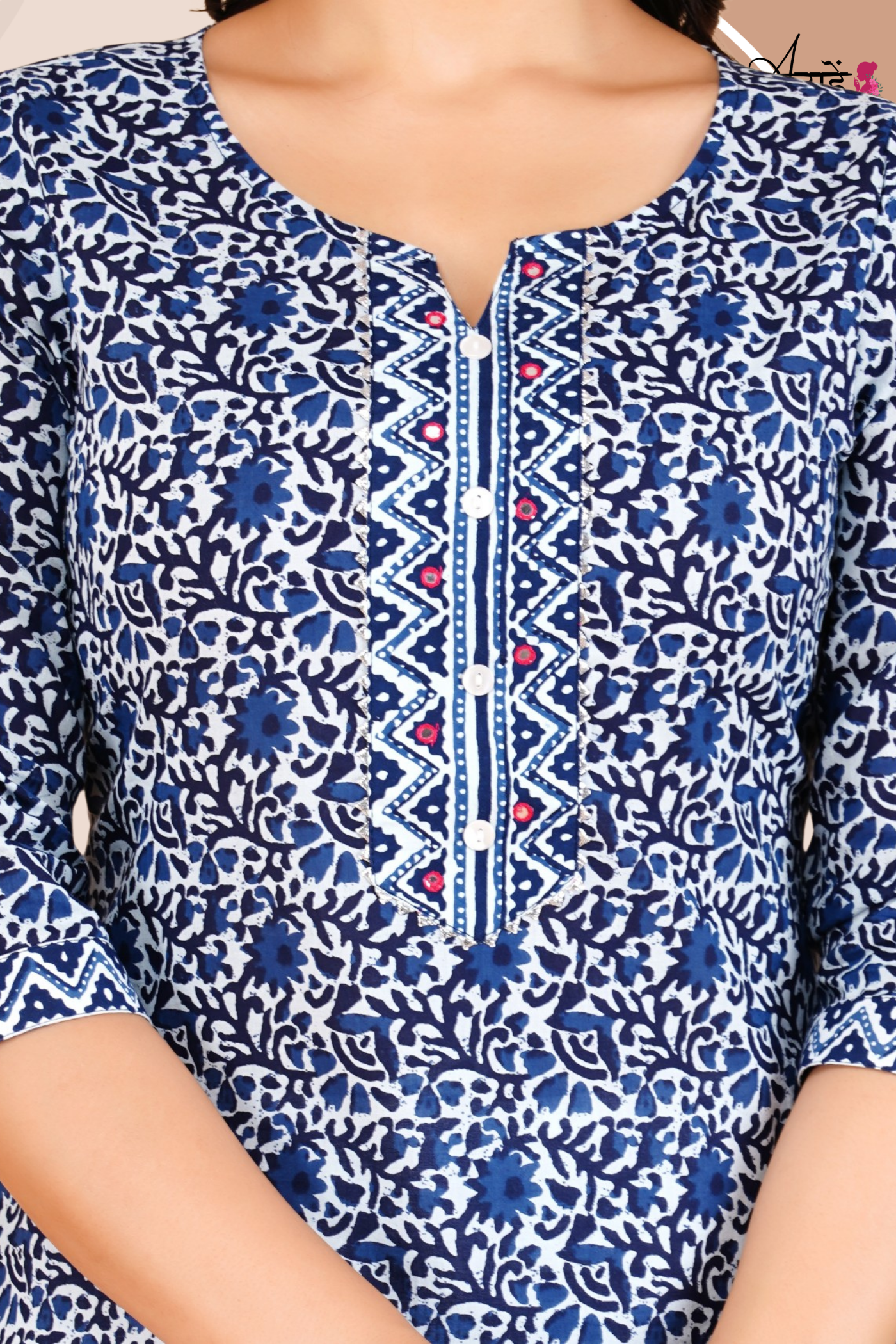 Adaahe Women's Blue and White Printed Cotton Kurti - Adaahe