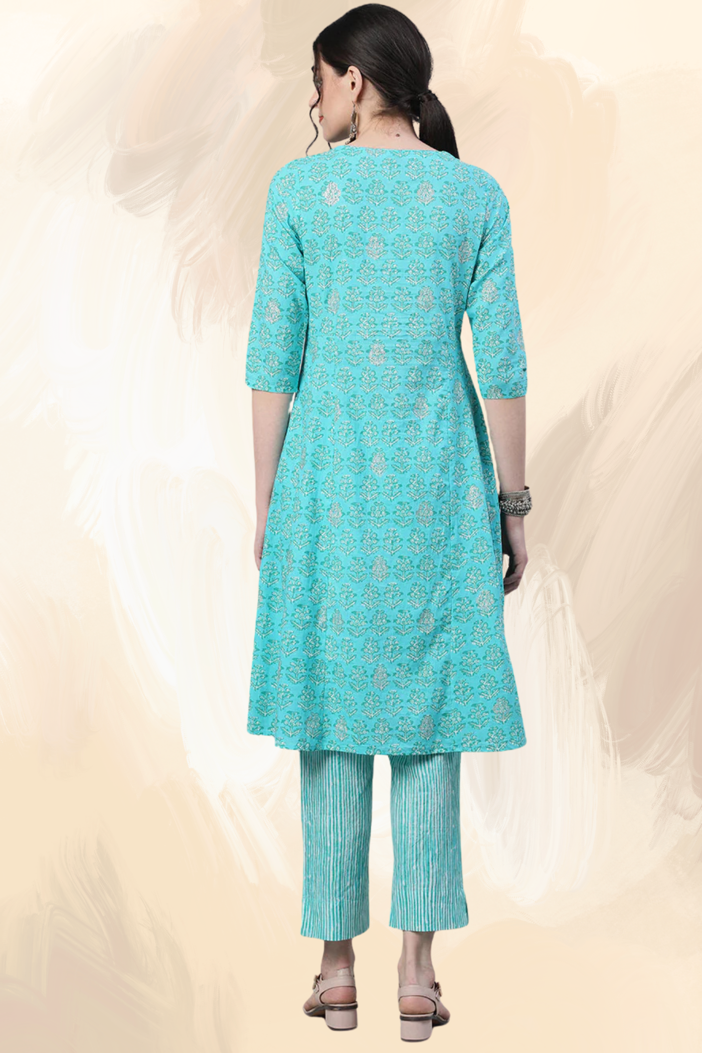 Adaahe Women’s Aqua Blue Printed A-Line Kurta Set