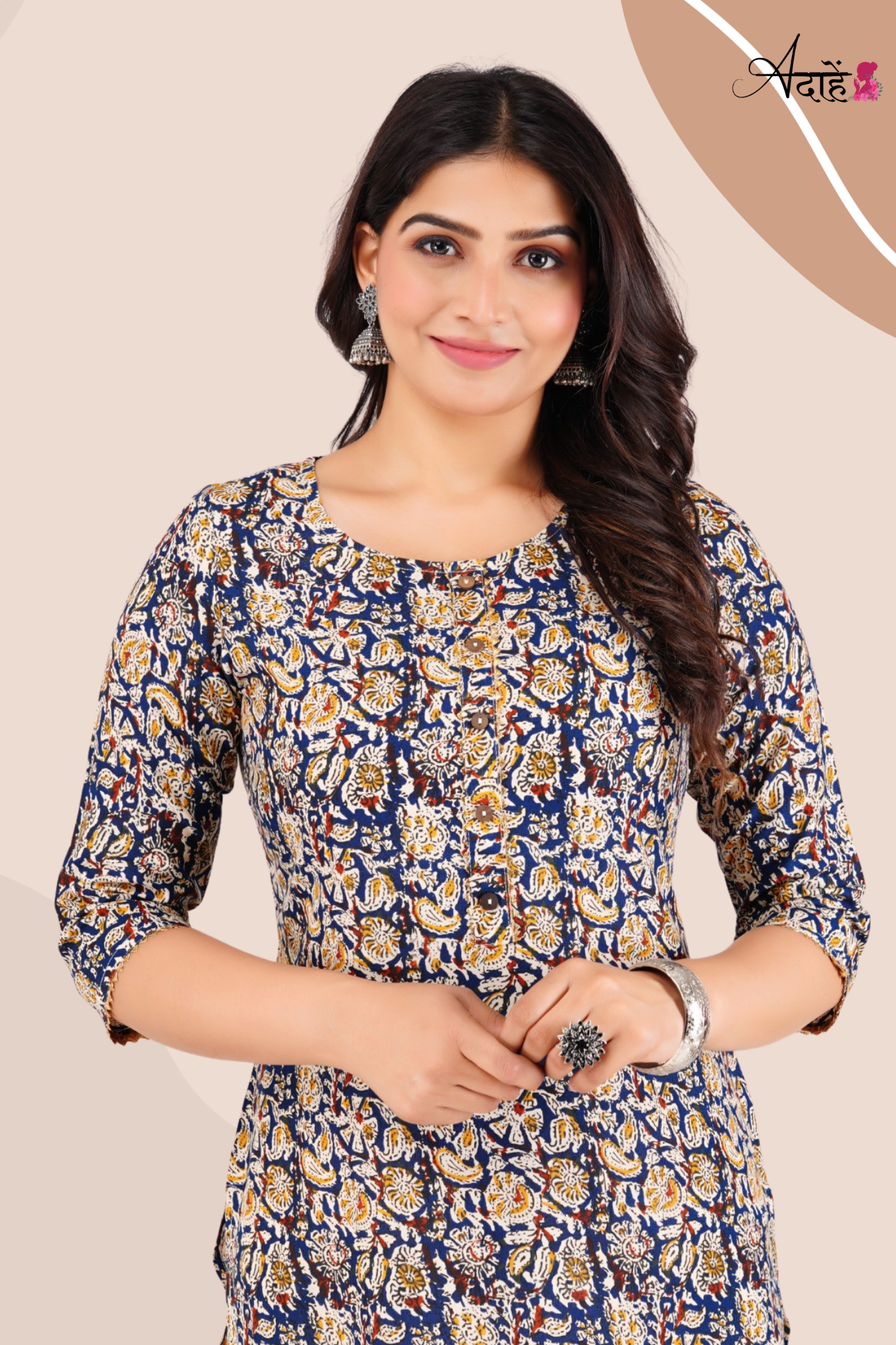 Adaahe Women's Blue Jaipuri Printed Cotton Kurti - Adaahe