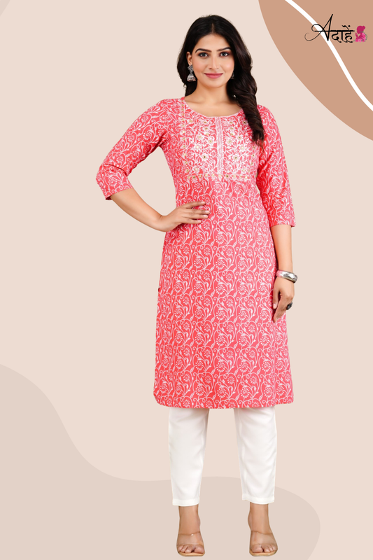 Adaahe Women's Pink and White Printed Cotton Kurti with Embroidery - Adaahe