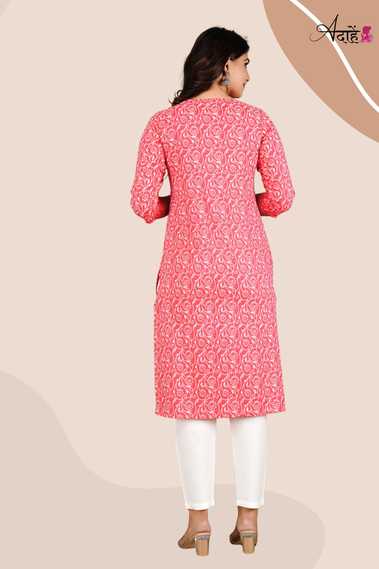 Adaahe Women's Pink and White Printed Cotton Kurti with Embroidery - Adaahe