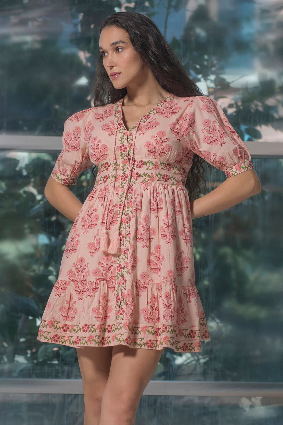 Adaahe Pure Cotton Puff Sleeve Block Print Mini Dress - Adaahe