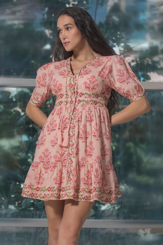 Adaahe Pure Cotton Puff Sleeve Block Print Mini Dress - Adaahe