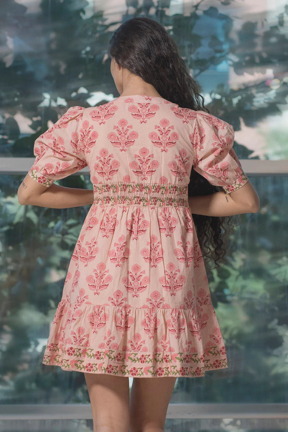 Adaahe Pure Cotton Puff Sleeve Block Print Mini Dress - Adaahe