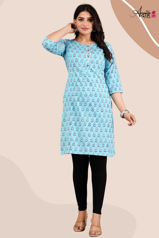 Adaahe Women's Jaipuri Printed Sky Blue Cotton Kurti - Adaahe