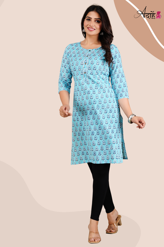 Adaahe Women's Jaipuri Printed Sky Blue Cotton Kurti - Adaahe