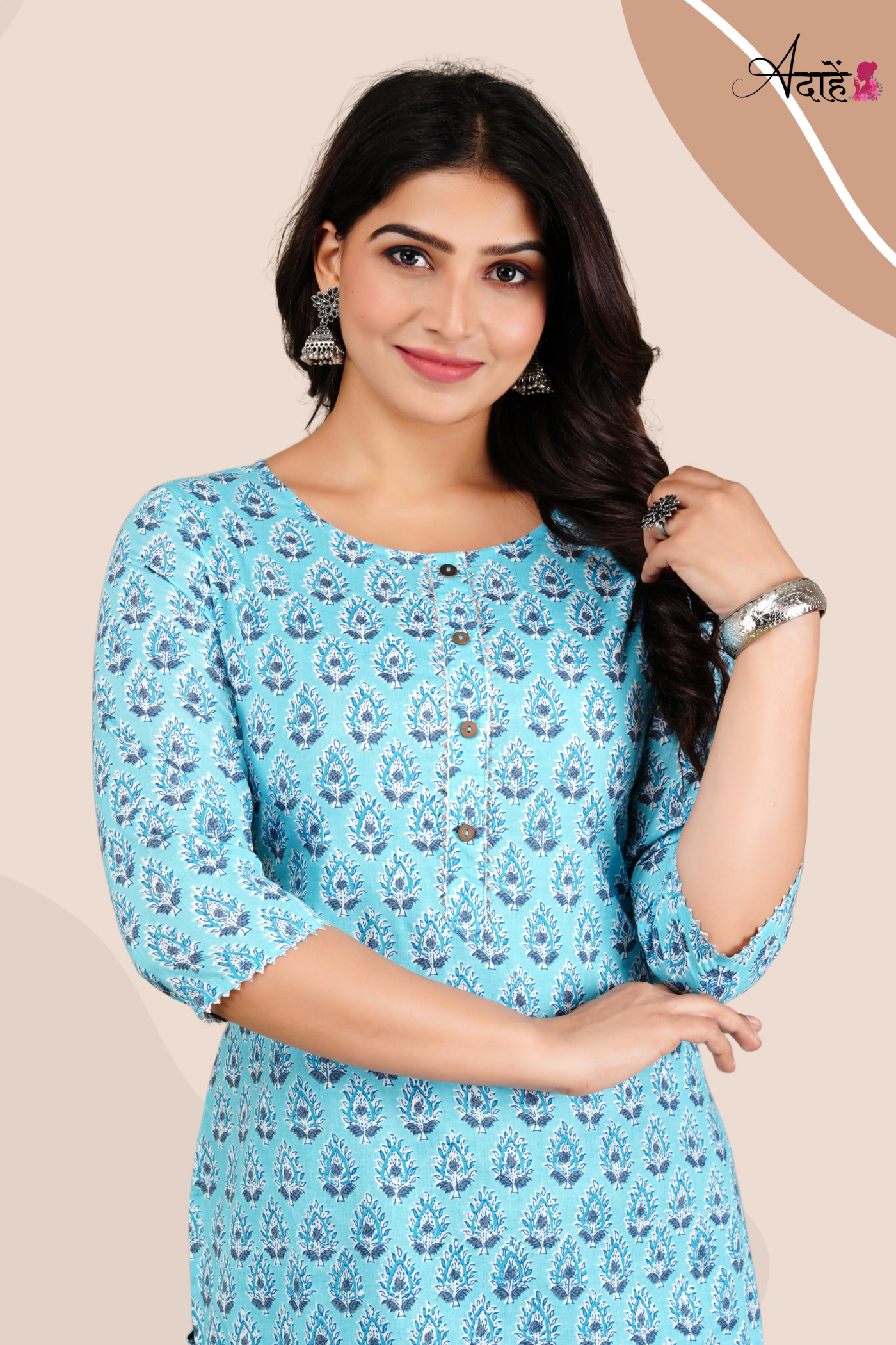 Adaahe Women's Jaipuri Printed Sky Blue Cotton Kurti - Adaahe