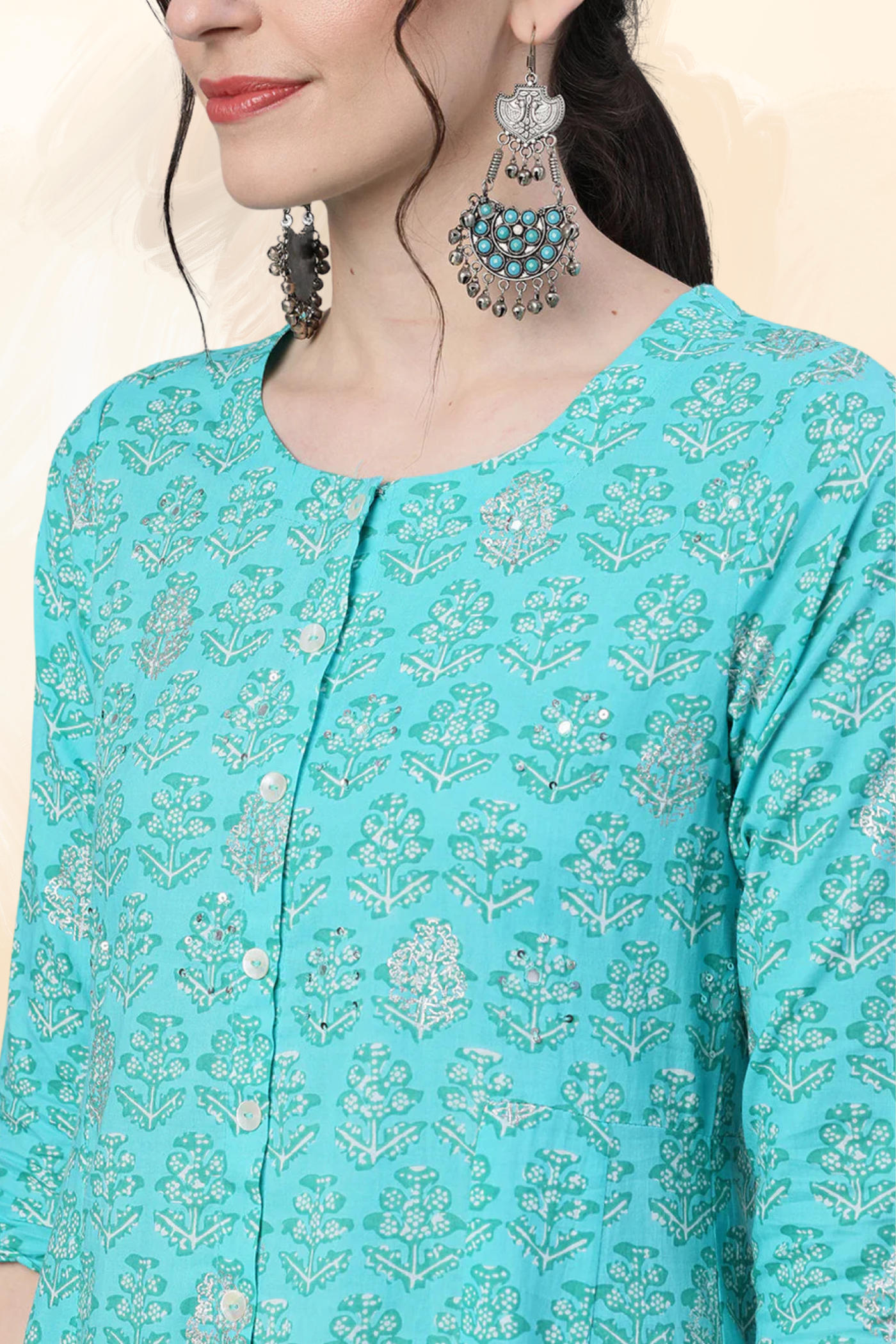 Adaahe Women’s Aqua Blue Printed A-Line Kurta Set