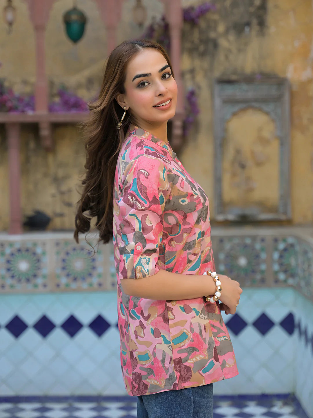 Adaahe Pink & Green Abstract Printed Top
