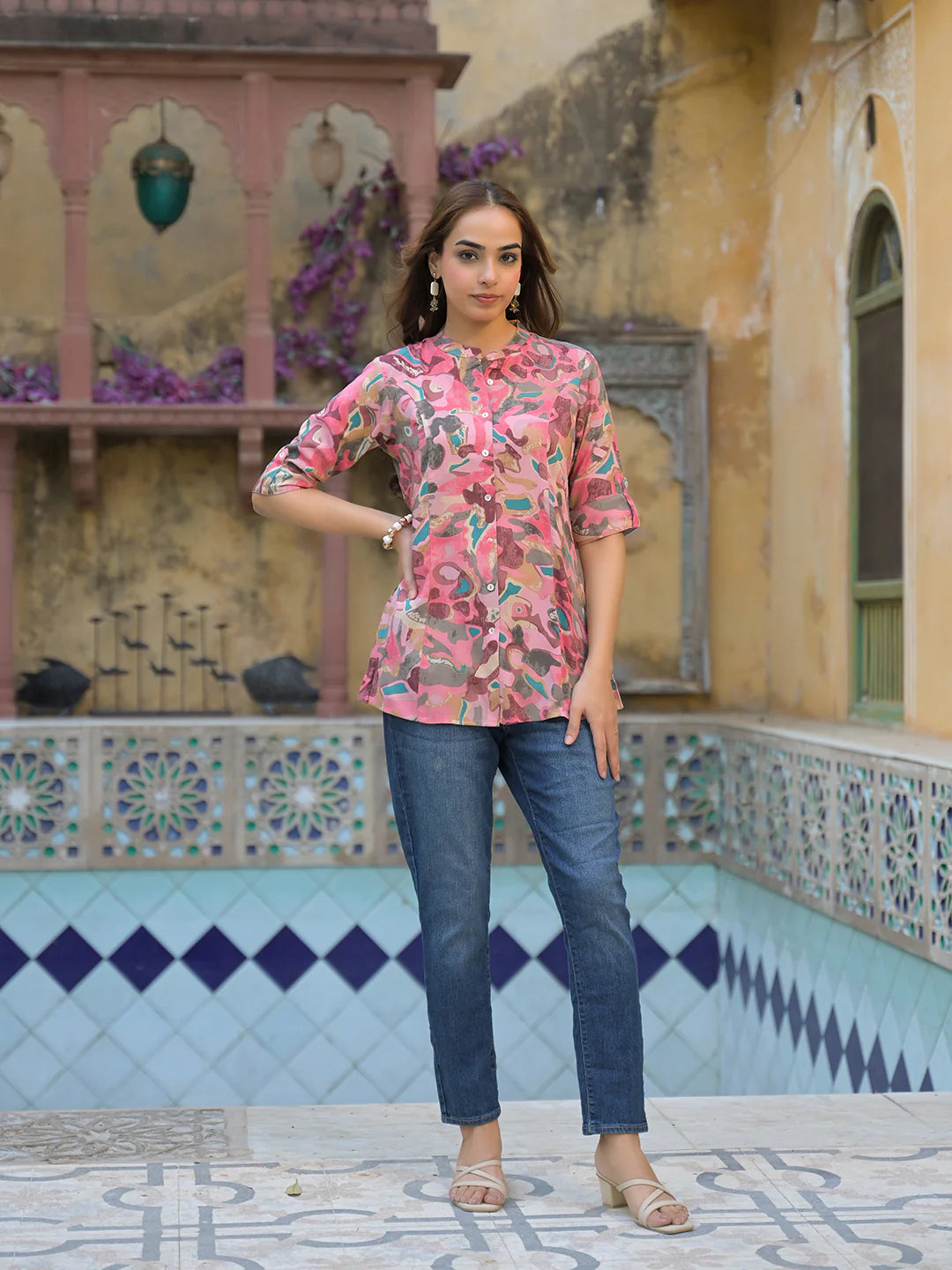 Adaahe Pink & Green Abstract Printed Top