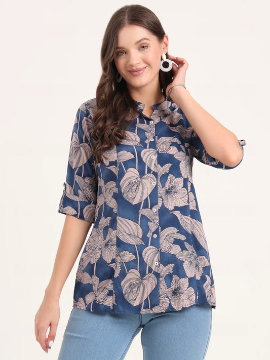 Adaahe Navy & Dusty Pink Floral Print Top for Women