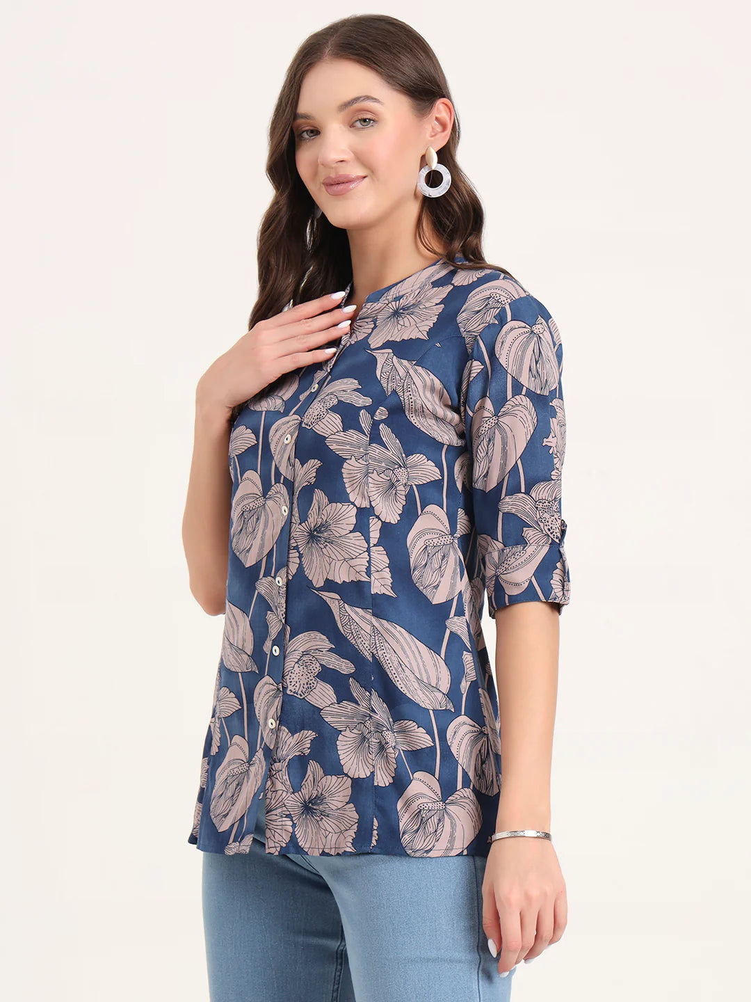 Adaahe Navy & Dusty Pink Floral Print Top for Women