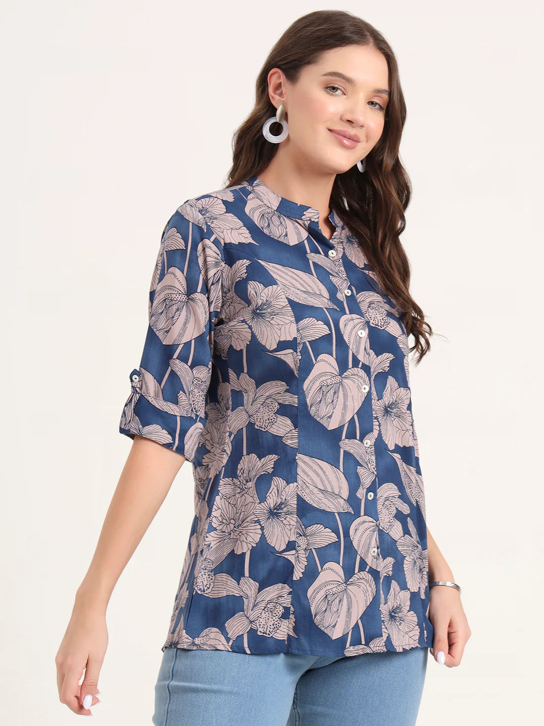 Adaahe Navy & Dusty Pink Floral Print Top for Women