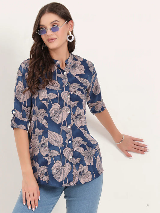 Adaahe Navy & Dusty Pink Floral Print Top for Women