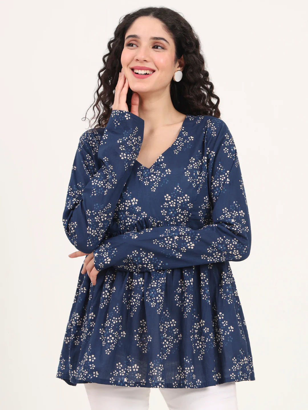 Adaahe Indigo & White Floral Print Peplum Top for Women