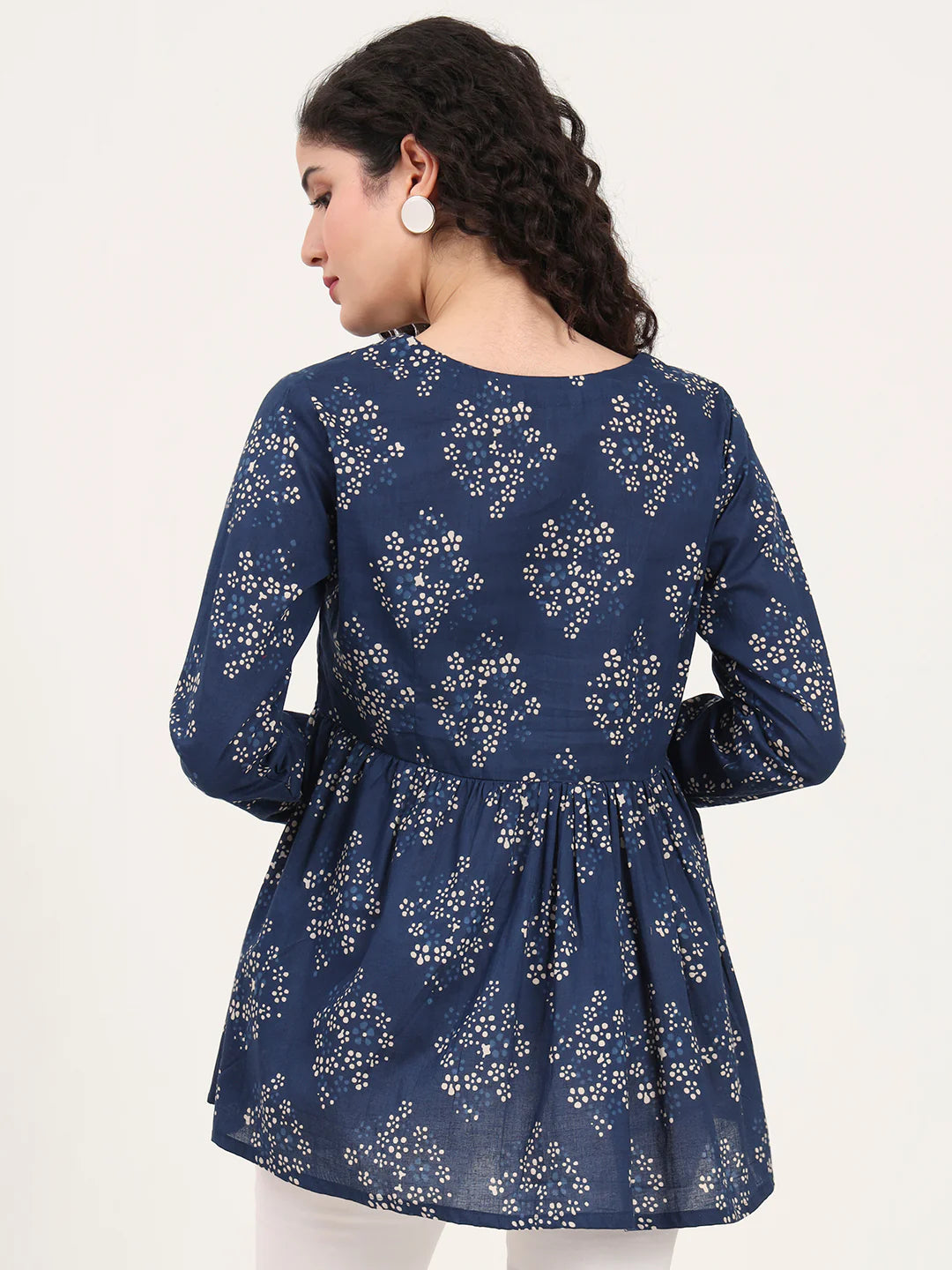 Adaahe Indigo & White Floral Print Peplum Top for Women
