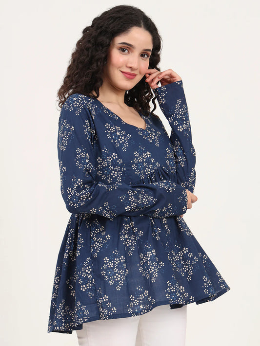 Adaahe Indigo & White Floral Print Peplum Top for Women