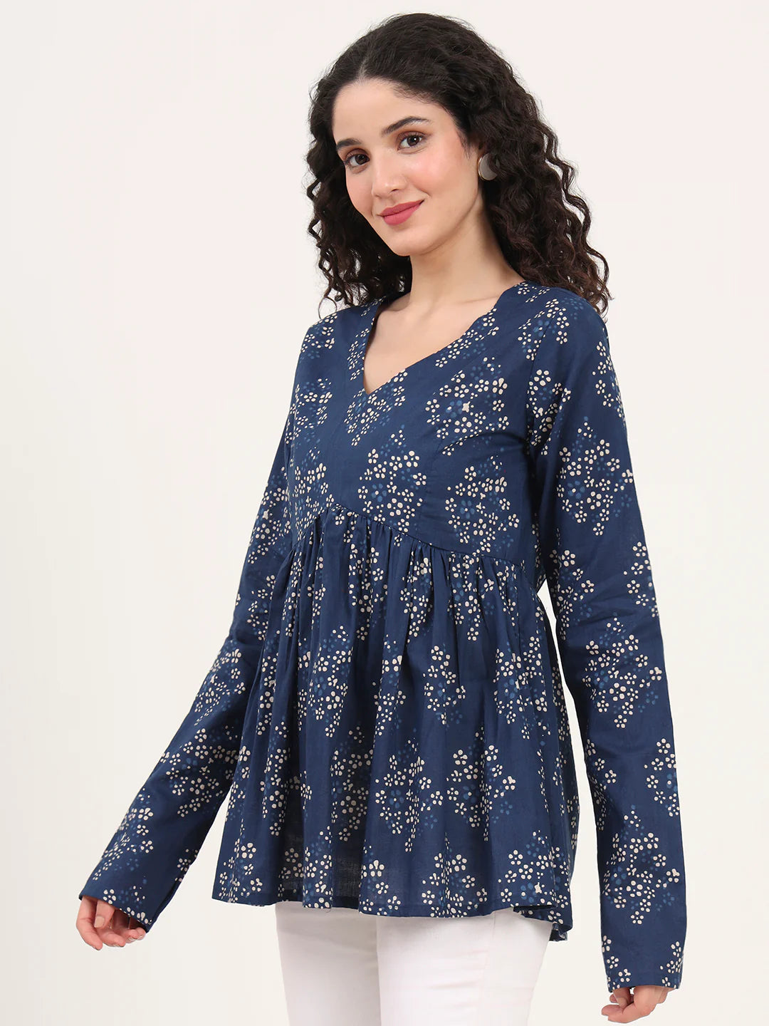 Adaahe Indigo & White Floral Print Peplum Top for Women