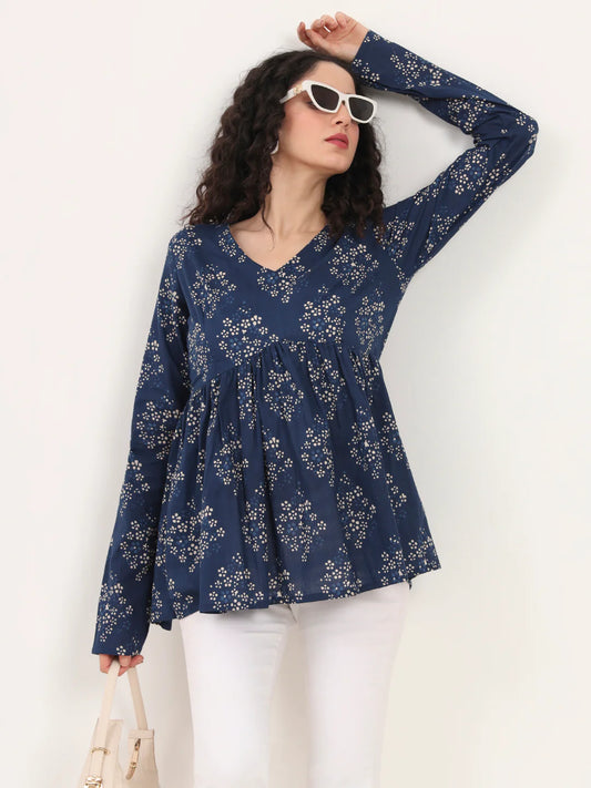 Adaahe Indigo & White Floral Print Peplum Top for Women
