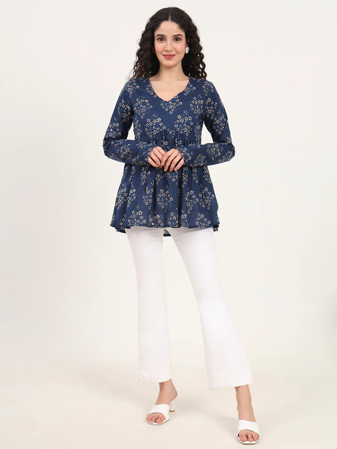 Adaahe Indigo & White Floral Print Peplum Top for Women