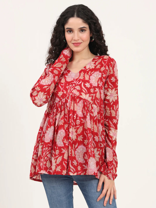 Adaahe Red & Pink Floral Print Peplum Top for Women