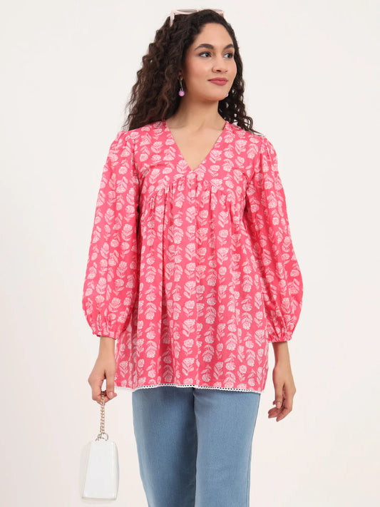 Adaahe Pink Floral V-Neck Top for Women