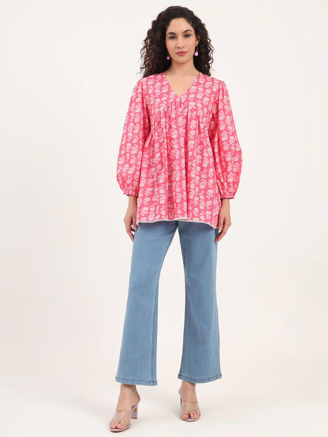 Adaahe Pink Floral V-Neck Top for Women