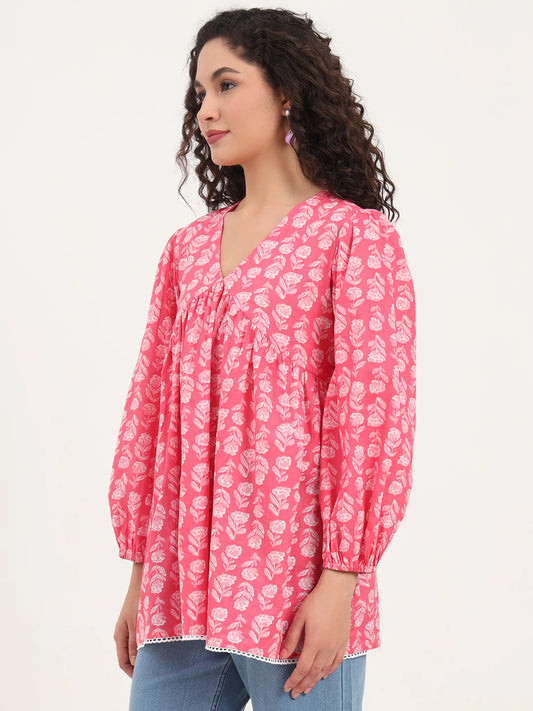 Adaahe Pink Floral V-Neck Top for Women