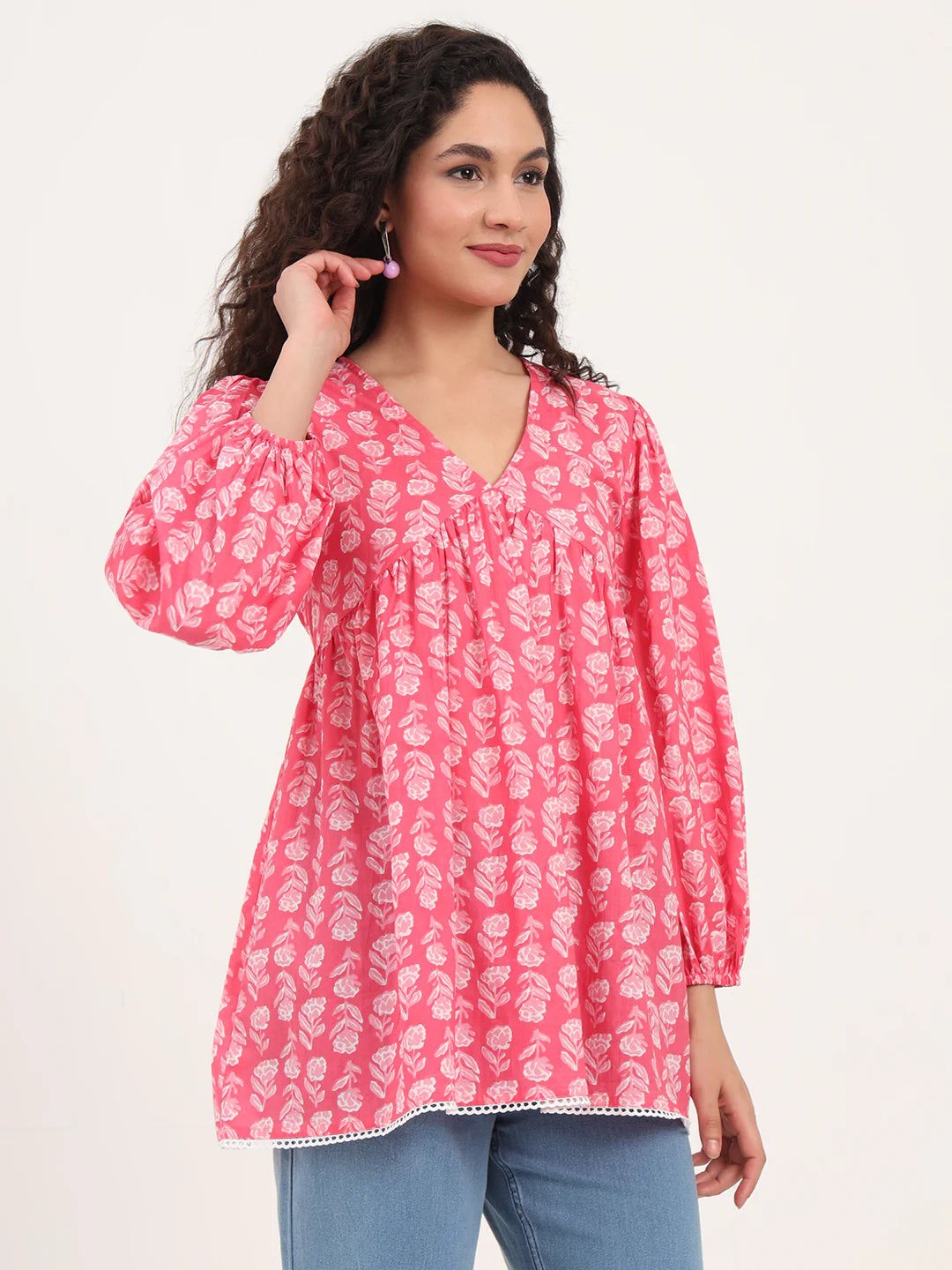 Adaahe Pink Floral V-Neck Top for Women