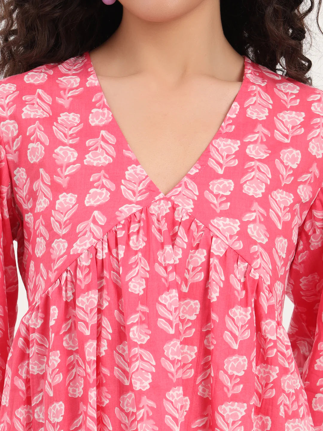 Adaahe Pink Floral V-Neck Top for Women