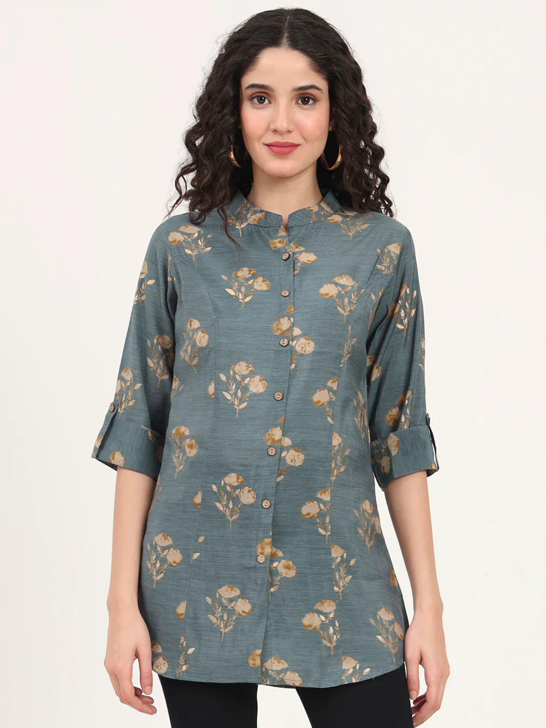Adaahe Grey & Gold Floral Printed Top for Women