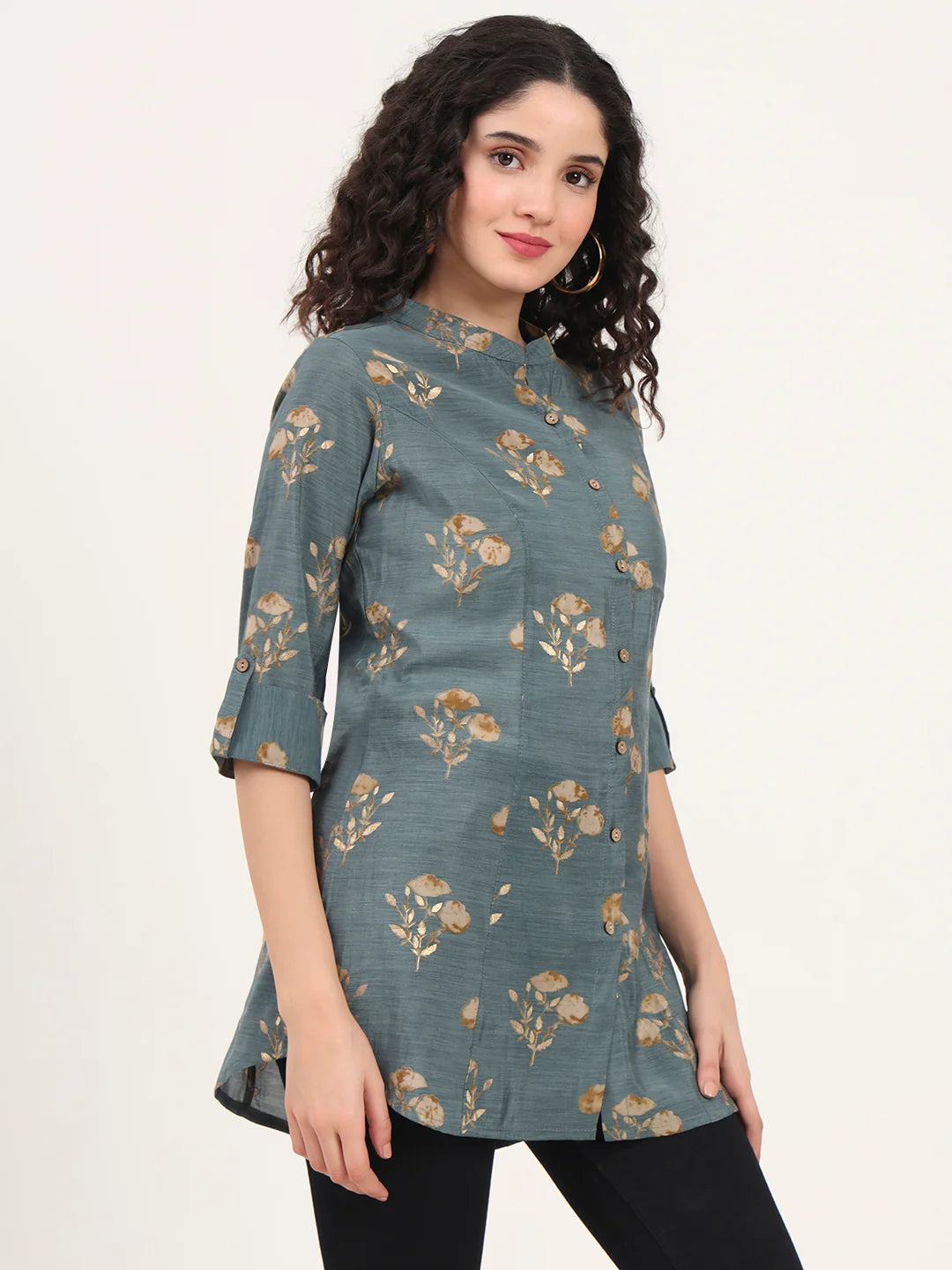 Adaahe Grey & Gold Floral Printed Top for Women