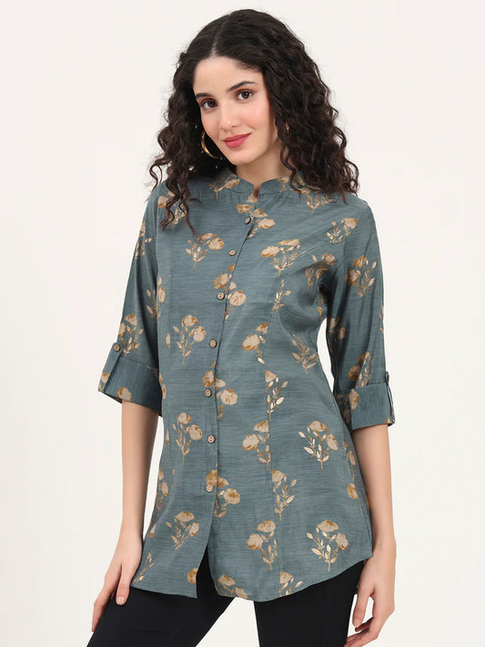 Adaahe Grey & Gold Floral Printed Top for Women