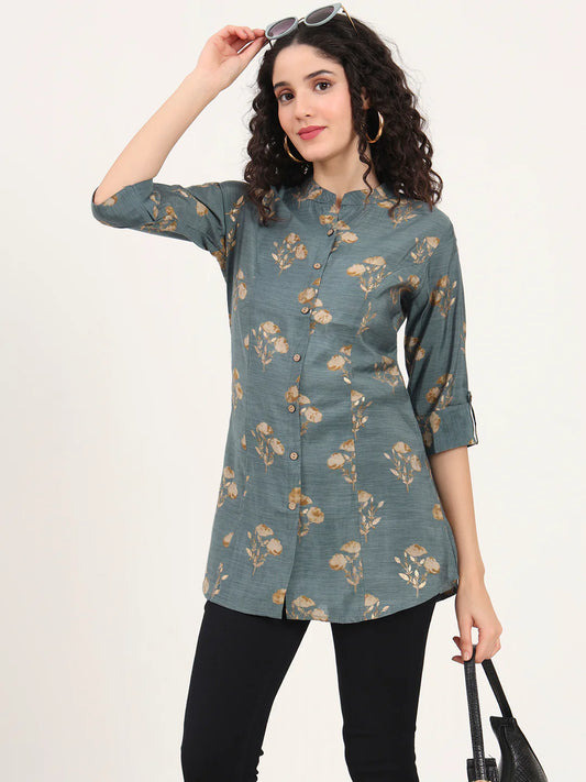 Adaahe Grey & Gold Floral Printed Top for Women
