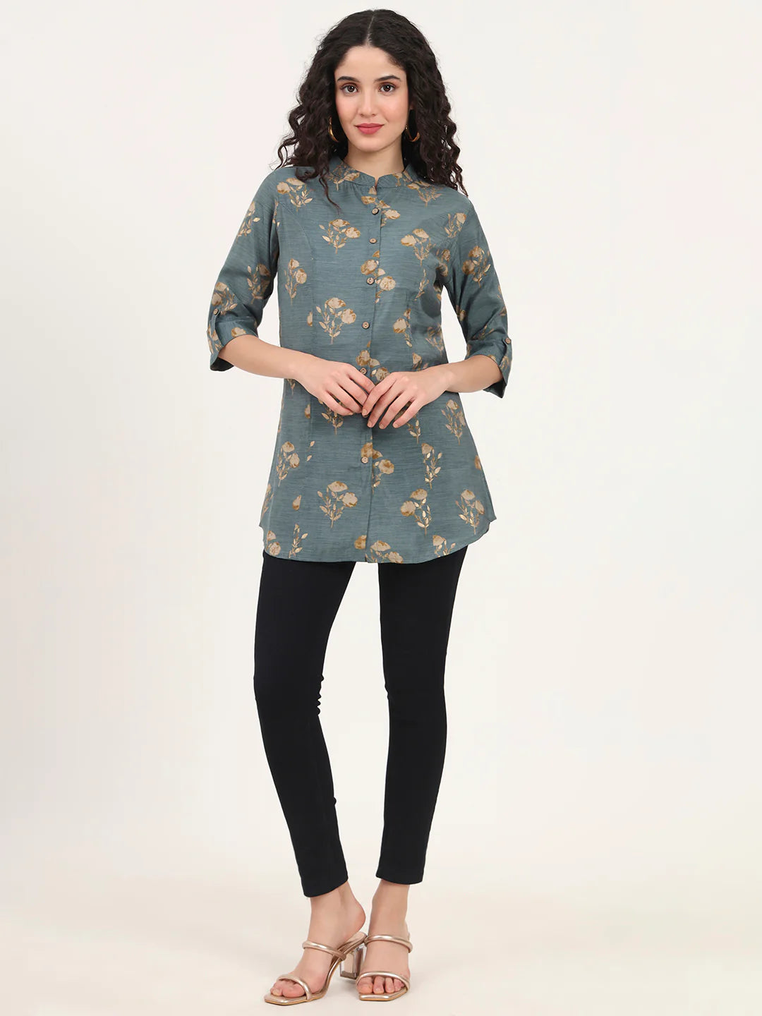 Adaahe Grey & Gold Floral Printed Top for Women