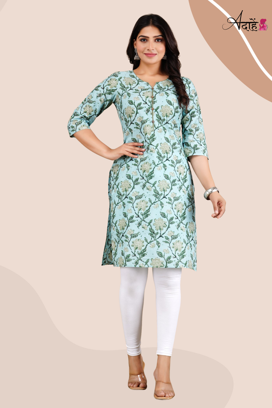 Adaahe Women's Cotton Printed Single Kurti in Light Blue - Adaahe