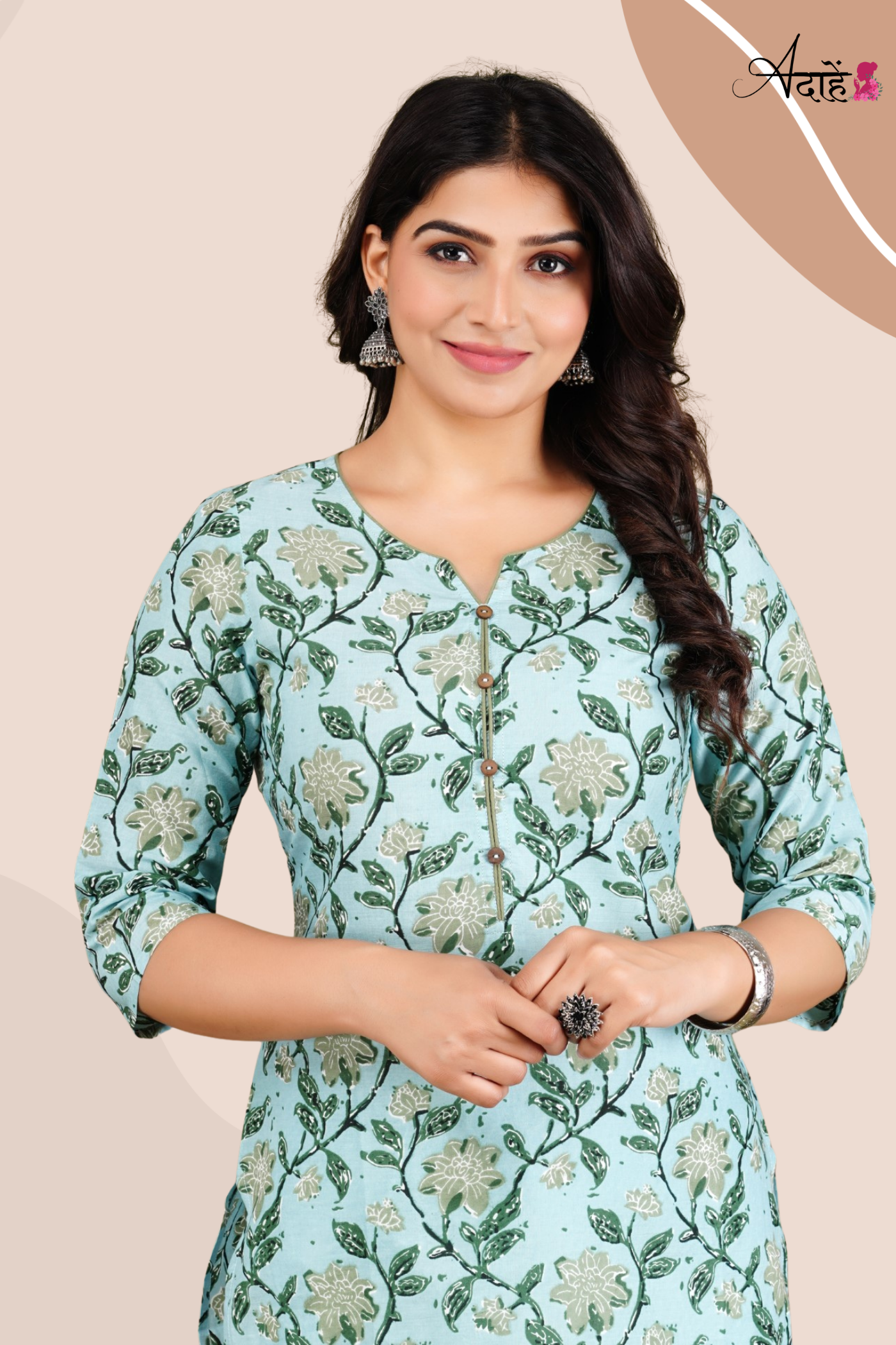 Adaahe Women's Cotton Printed Single Kurti in Light Blue - Adaahe