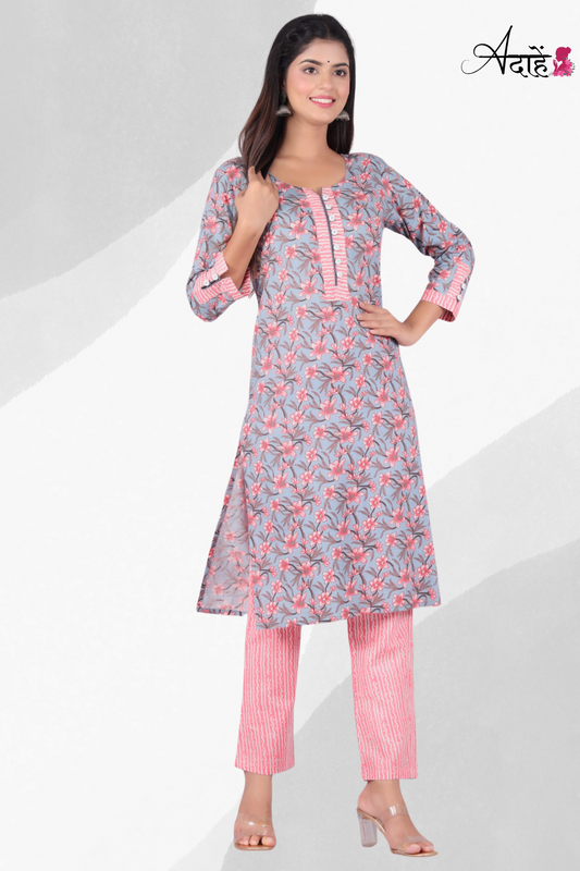 Adaahe Women's Pure Cotton Kurta Set | Stylish Grey & Pink Floral Printed - Adaahe