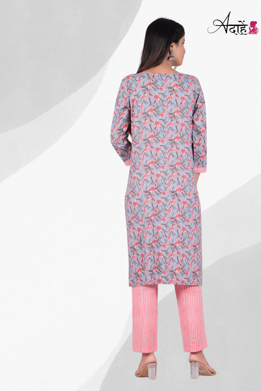 Adaahe Women's Pure Cotton Kurta Set | Stylish Grey & Pink Floral Printed - Adaahe
