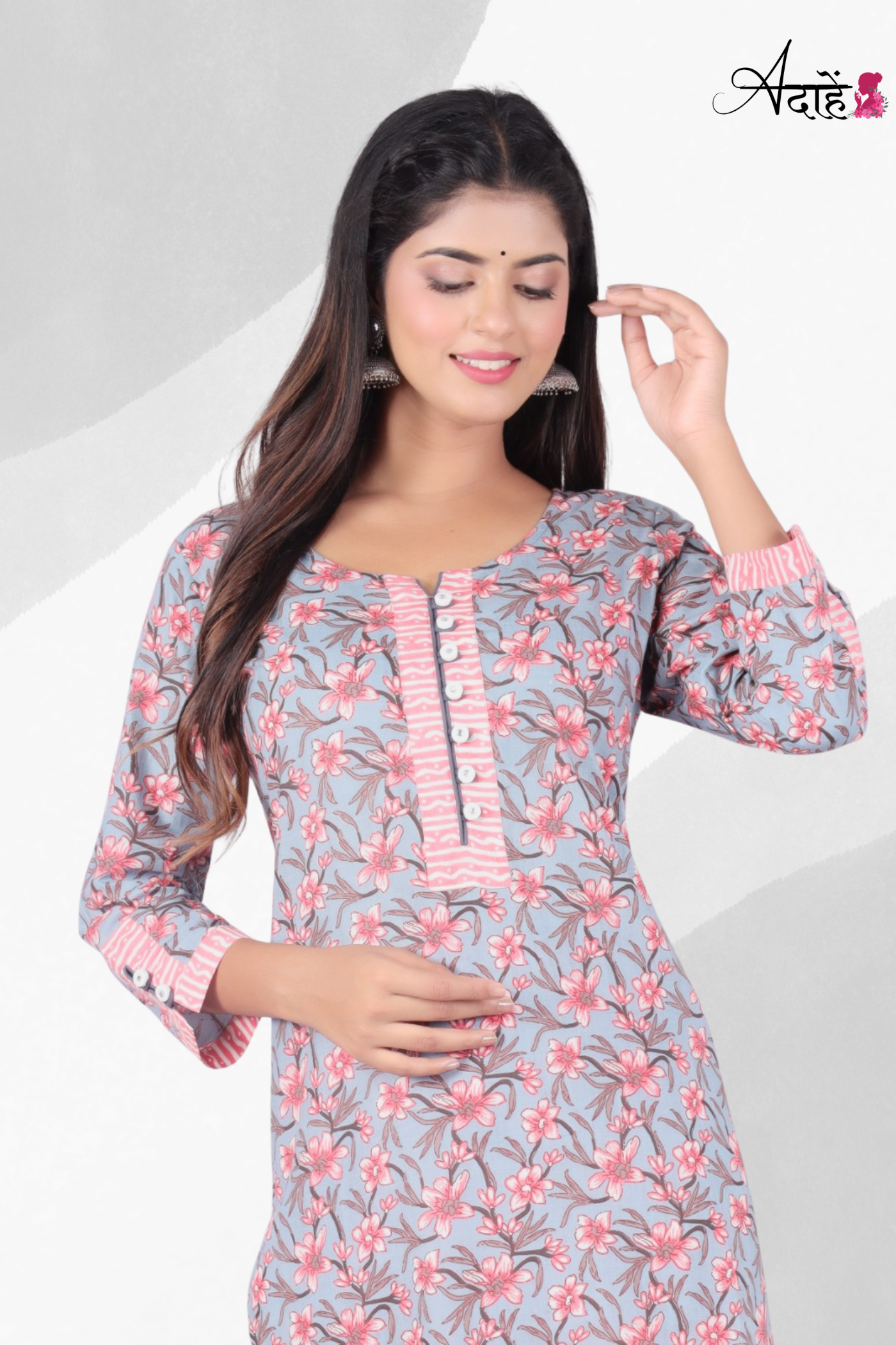 Adaahe Women's Pure Cotton Kurta Set | Stylish Grey & Pink Floral Printed - Adaahe