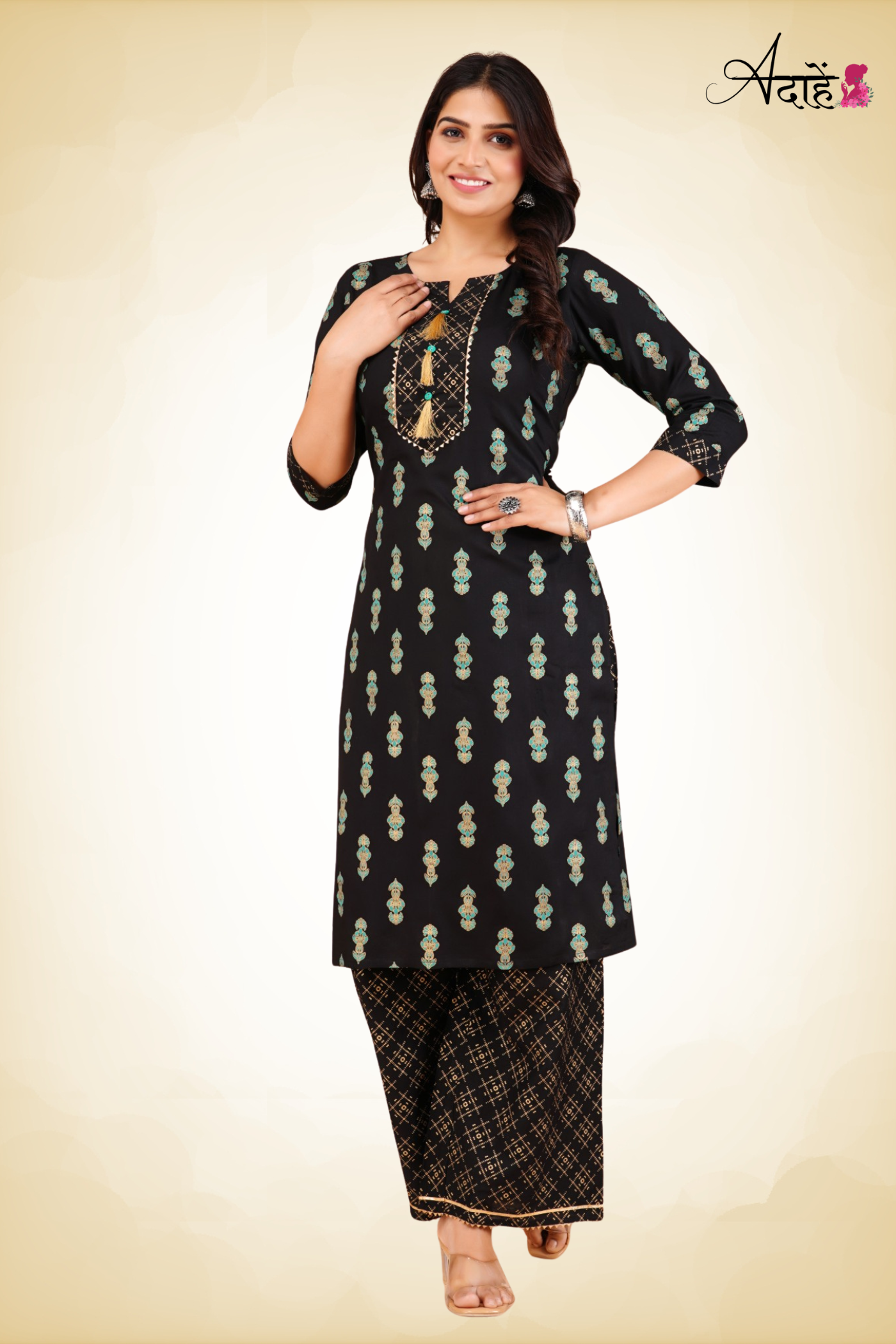 Adaahe Black Printed Kurta with Palazzo Set - Adaahe