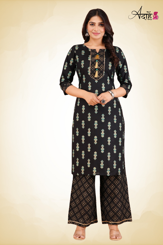 Adaahe Black Printed Kurta with Palazzo Set - Adaahe