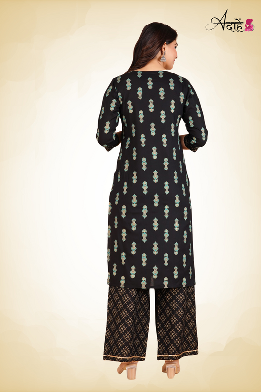 Adaahe Black Printed Kurta with Palazzo Set - Adaahe