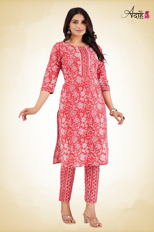 Adaahe Red Floral Printed Cotton Kurta Set for Women - Adaahe