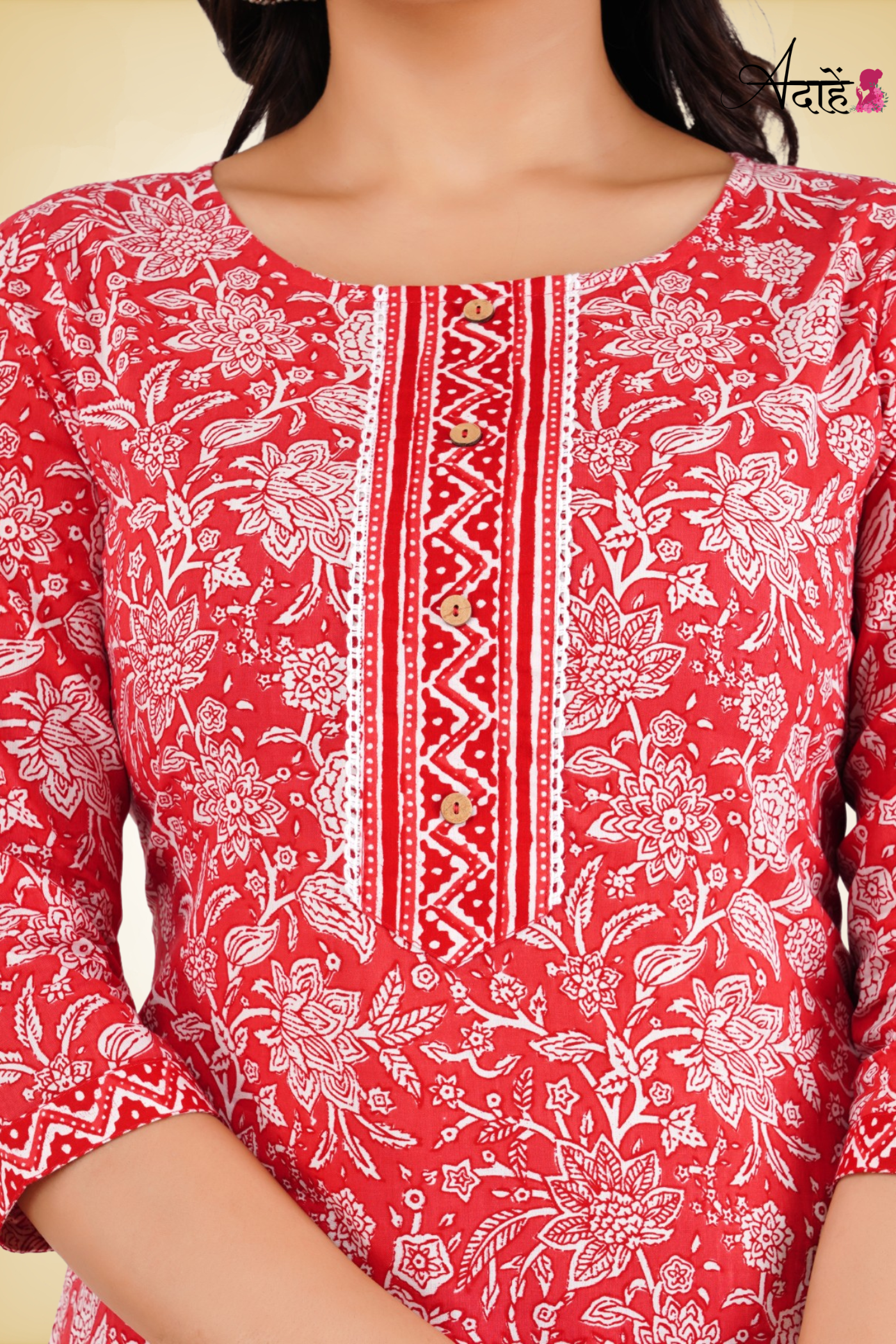 Adaahe Red Floral Printed Cotton Kurta Set for Women - Adaahe