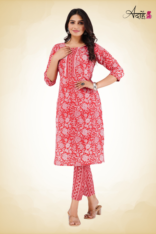 Adaahe Red Floral Printed Cotton Kurta Set for Women - Adaahe