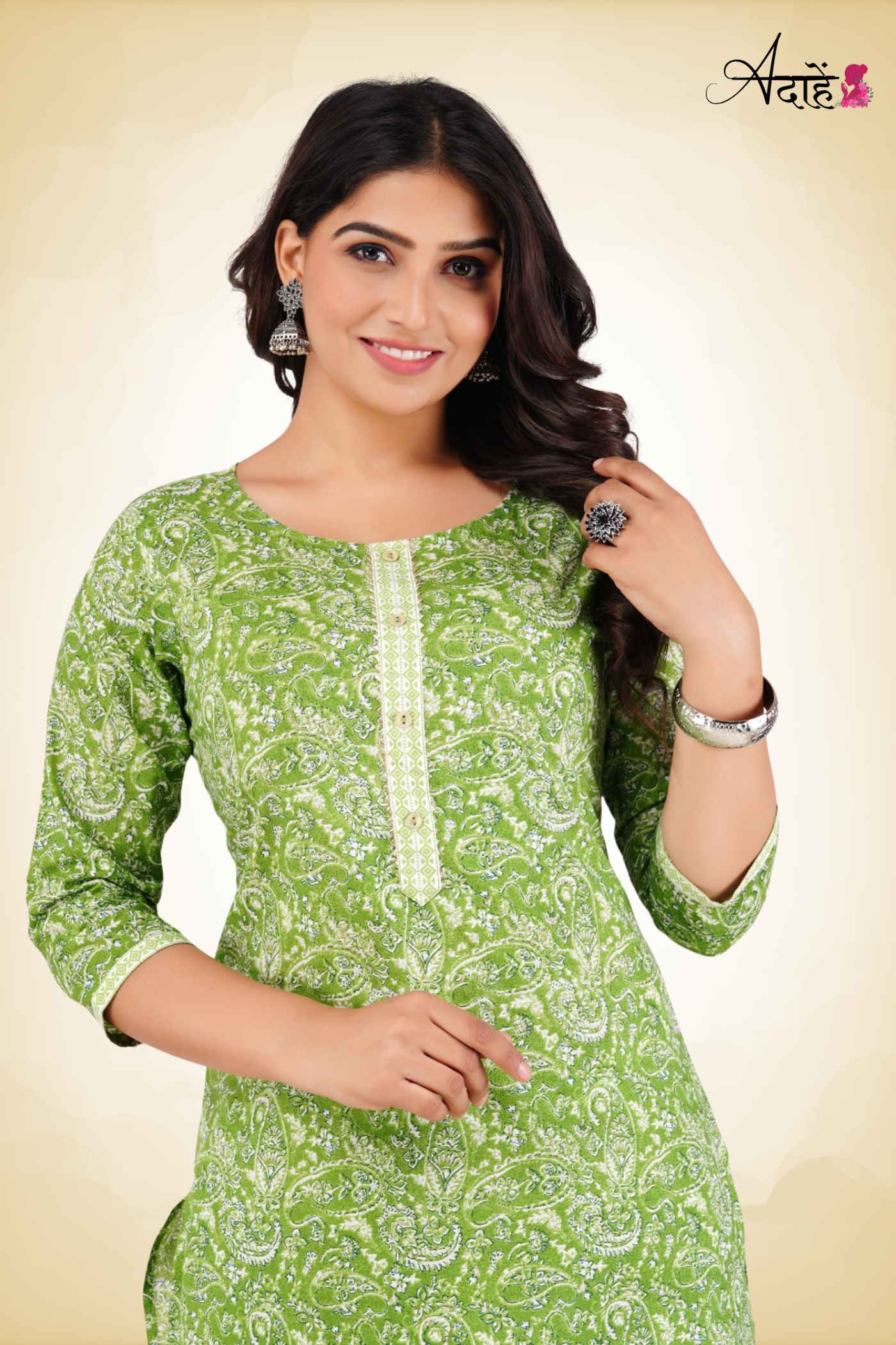 Adaahe Women’s Green Printed Kurti with Straight Pants - Adaahe
