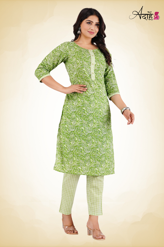 Adaahe Women’s Green Printed Kurti with Straight Pants - Adaahe